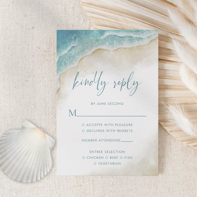 Cartão RSVP Watercolor Ocean Beach Summer Wedding (Criador carregado)