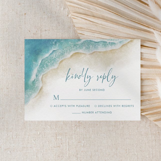 Cartão RSVP Watercolor Ocean Summer Beach Wedding (Criador carregado)