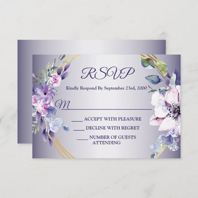 Cartão RSVP Watercolor Pink Floral Geometric Golden Purple (Frente/Verso)
