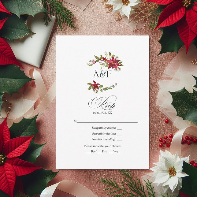 Cartão RSVP Watercolor Poinsettia e Holly Christmas (Watercolor Poinsettia and Holly Christmas Wedding RSVP Card)
