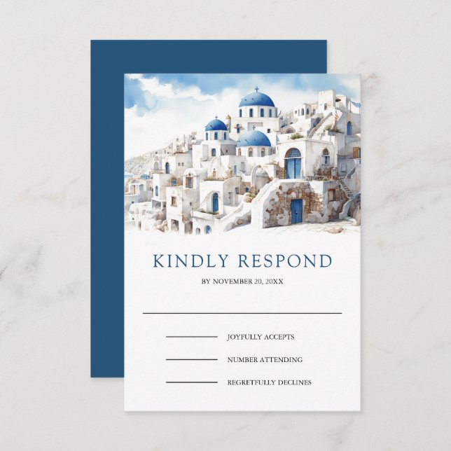 Cartão RSVP Watercolor Santorini Greece Wedding (Frente/Verso)