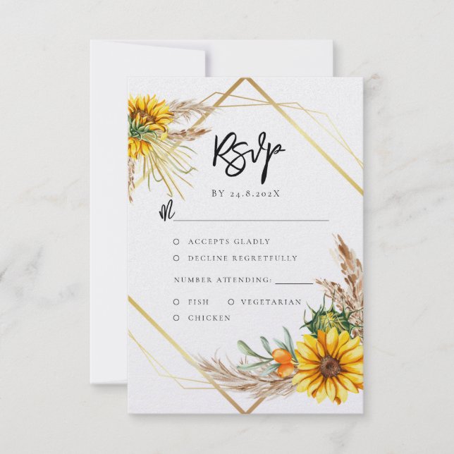 Cartão RSVP Watercolor Sunflower Rustic Code Casamento (Frente)