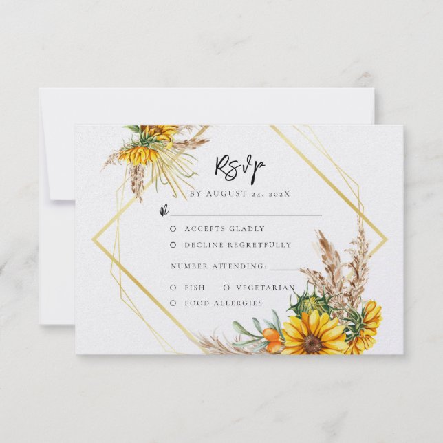 Cartão RSVP Watercolor Sunflower Rustic Code Casamento (Frente)
