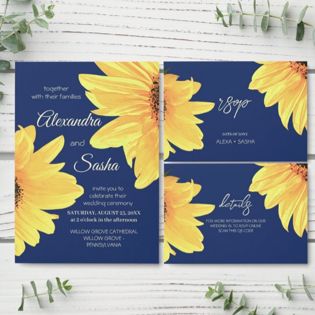 Cartão RSVP Watercolor Sunflowers dark blue Wedding (Criador carregado)