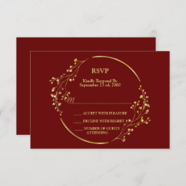 Cartão RSVP Wedding Golden Floral Geometric Wreath Red