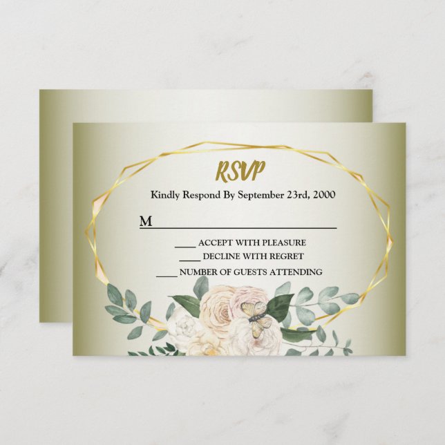 Cartão RSVP Wedding Greenery Leaves Pink Floral Gold Geometric (Frente/Verso)
