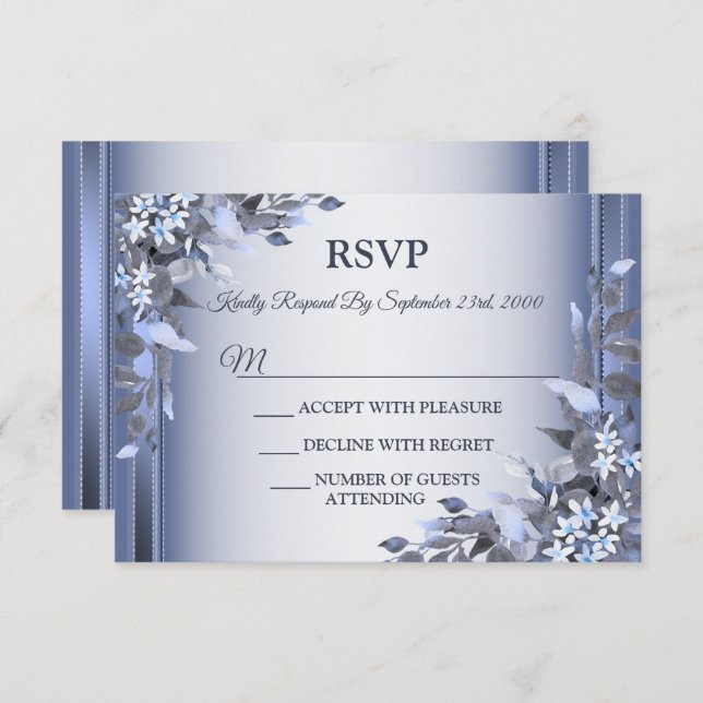 Cartão RSVP Wedding Navy Blue Floral Silver Gray Party (Frente/Verso)