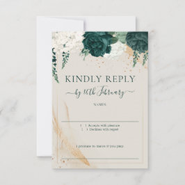 Cartão RSVP Wedding Neutral Cream Signature Emerald Green Rose