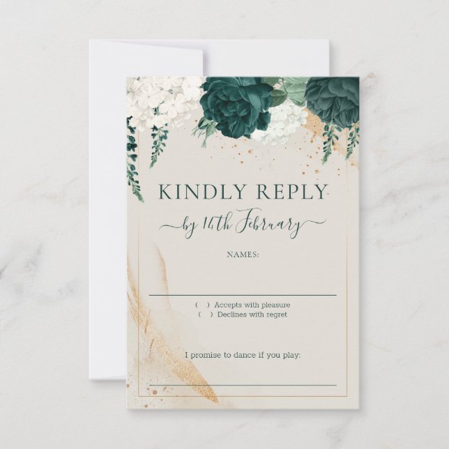 Cartão RSVP Wedding Neutral Cream Signature Emerald Green Rose (Frente)