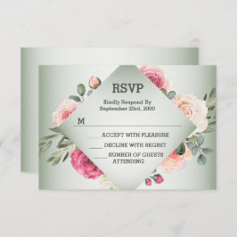 Cartão RSVP Wedding Pink Floral Rustic Geometric Green