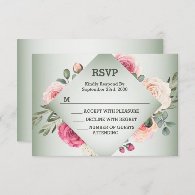 Cartão RSVP Wedding Pink Floral Rustic Geometric Green (Frente/Verso)