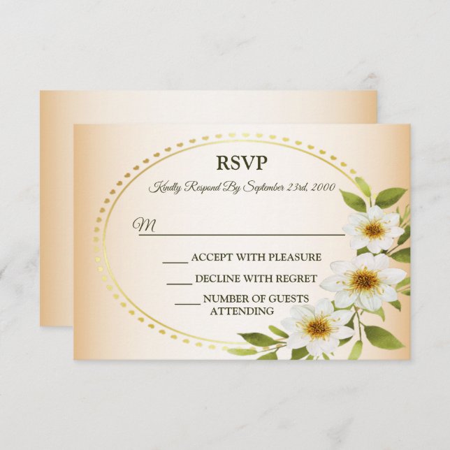 Cartão RSVP Wedding Rustic Golden Geometric White Floral Peach (Frente/Verso)