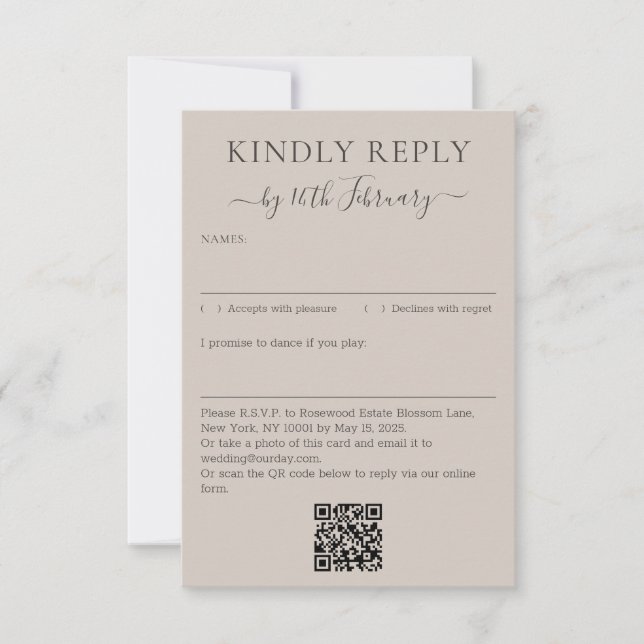 Cartão RSVP Wedding Soft Beige Signature QR Code Kindly Reply (Frente)