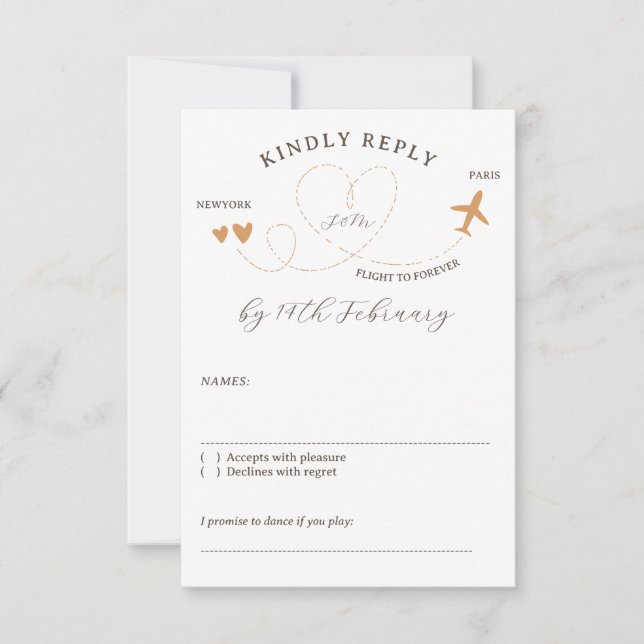Cartão RSVP Wedding Travel Flight Plane Kindly Reply (Frente)