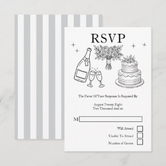 Cartão RSVP Wedding Whimsical Doodles Grey and White