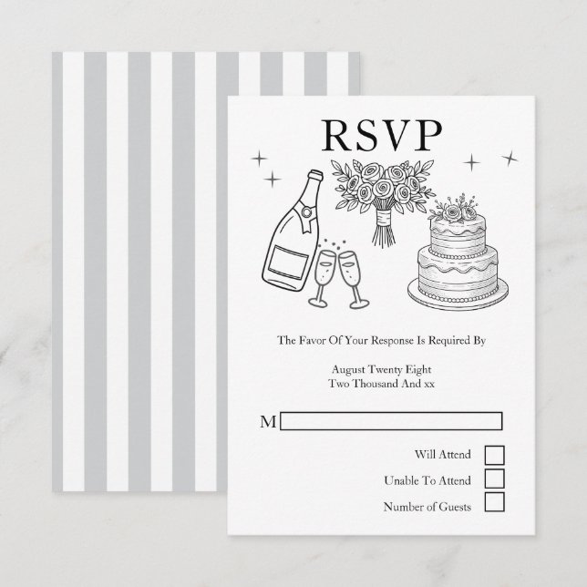 Cartão RSVP Wedding Whimsical Doodles Grey and White (Frente/Verso)