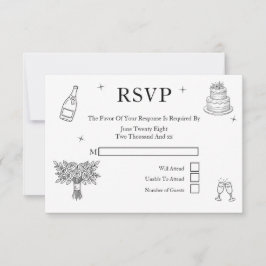 Cartão RSVP Wedding Whimsical Doodles Grey and White