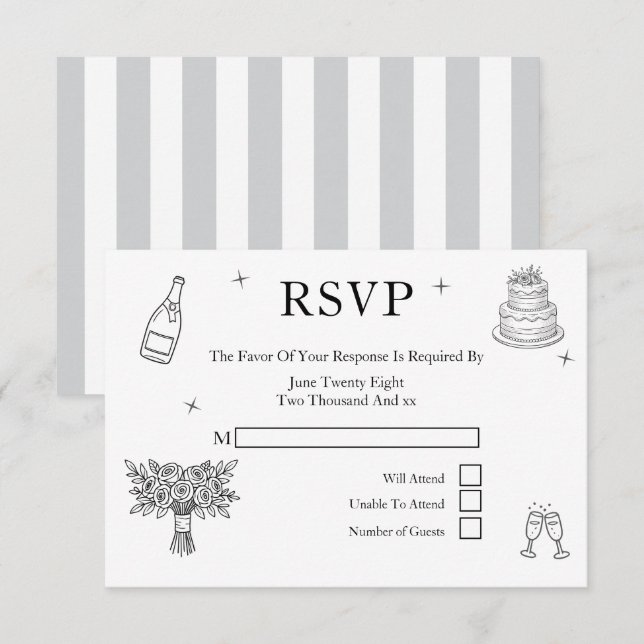 Cartão RSVP Wedding Whimsical Doodles Grey and White (Frente/Verso)