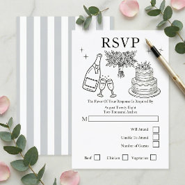 Cartão RSVP Wedding Whimsical Doodles Grey and White