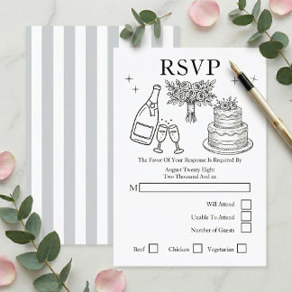 Cartão RSVP Wedding Whimsical Doodles Grey and White