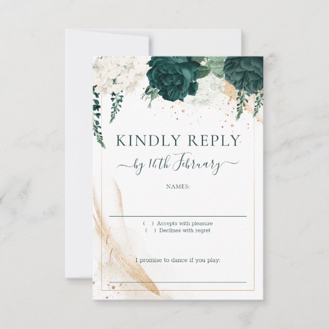 Cartão RSVP Wedding White Signature Emerald Green Rose (Frente)