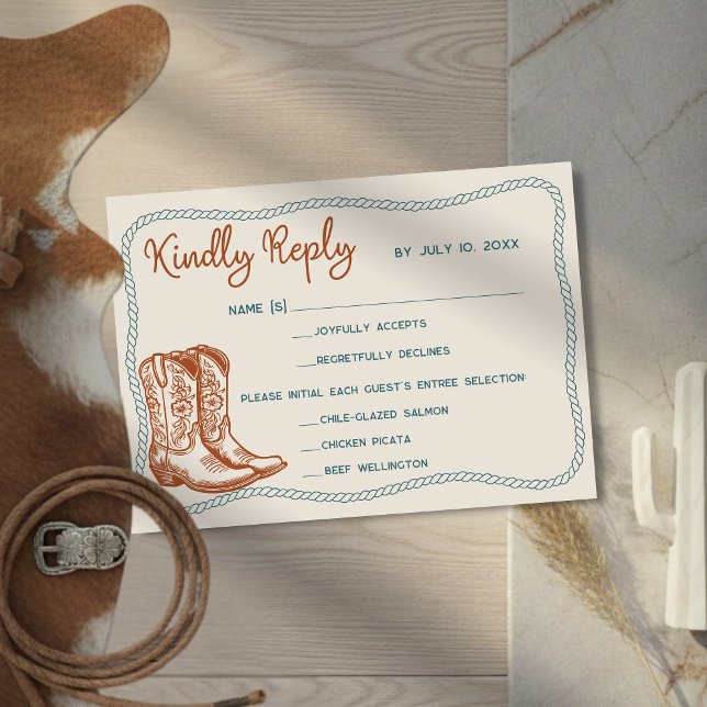 Cartão RSVP Western Cowboy Boots Barn Wedding Meal Choice (Criador carregado)