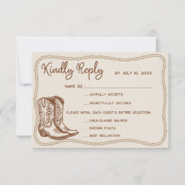 Cartão RSVP Western Cowboy Boots Barn Wedding Meal Choice