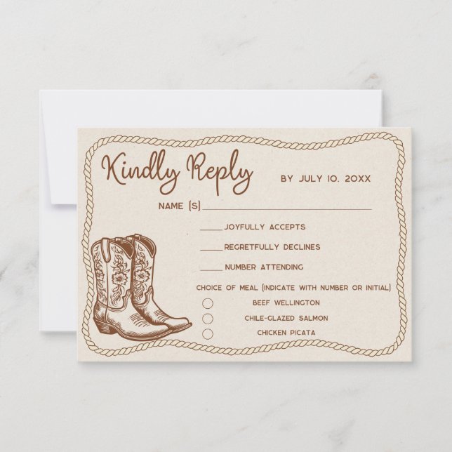 Cartão RSVP Western Cowboy Boots Barn Wedding Meal Choice (Frente)