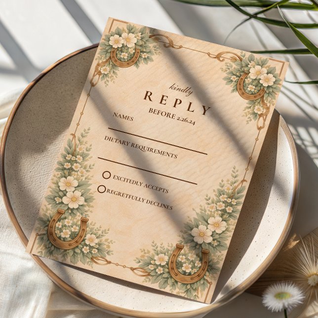 Cartão RSVP Western Desert Horseshoe Floral Wedding (Criador carregado)