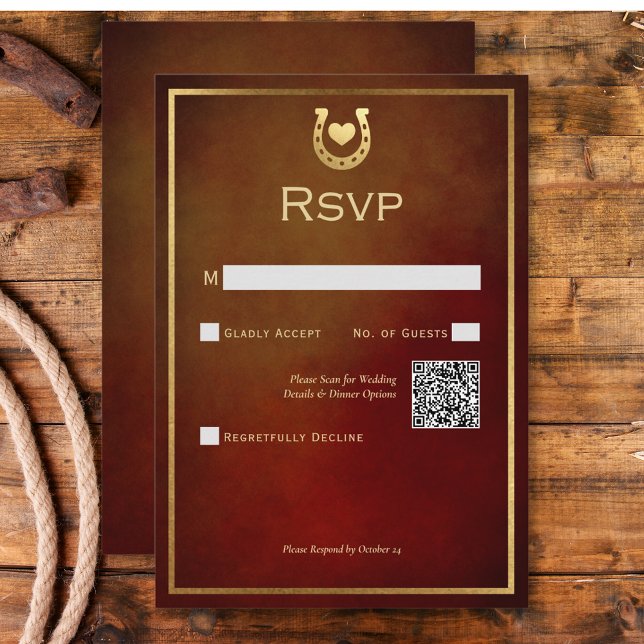 Cartão RSVP Western Rustic Ferradura Burgundy e Código QR Dour (Western Rustic Horseshoe Burgundy & Gold QR Code RSVP Card)