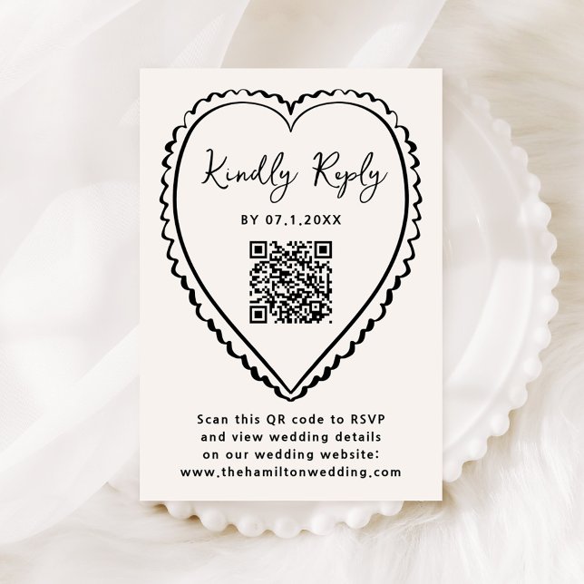 Cartão RSVP Whimsical Black Heart QR Code Wedding (Criador carregado)