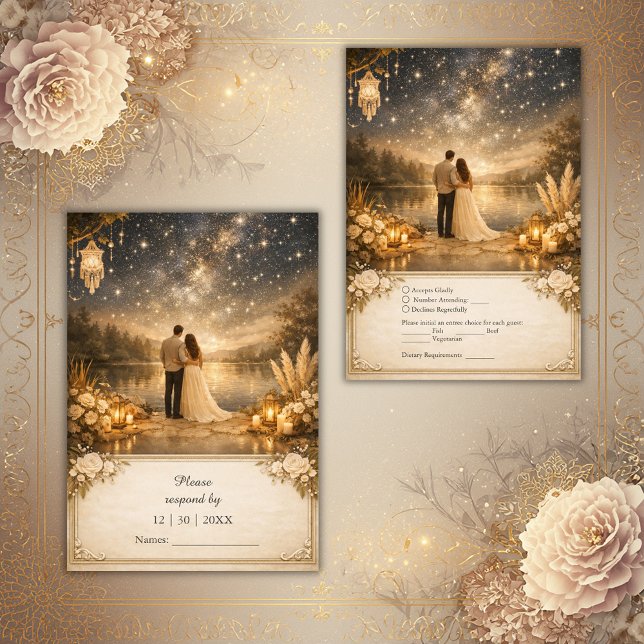 Cartão RSVP Whimsical Blue Gold Starry Night outdoor wedding (Criador carregado)
