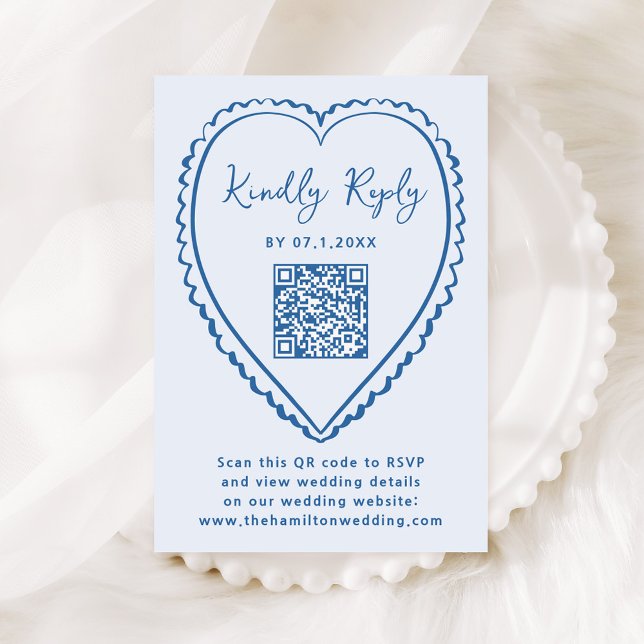 Cartão RSVP Whimsical Blue Heart QR Code Wedding (Criador carregado)