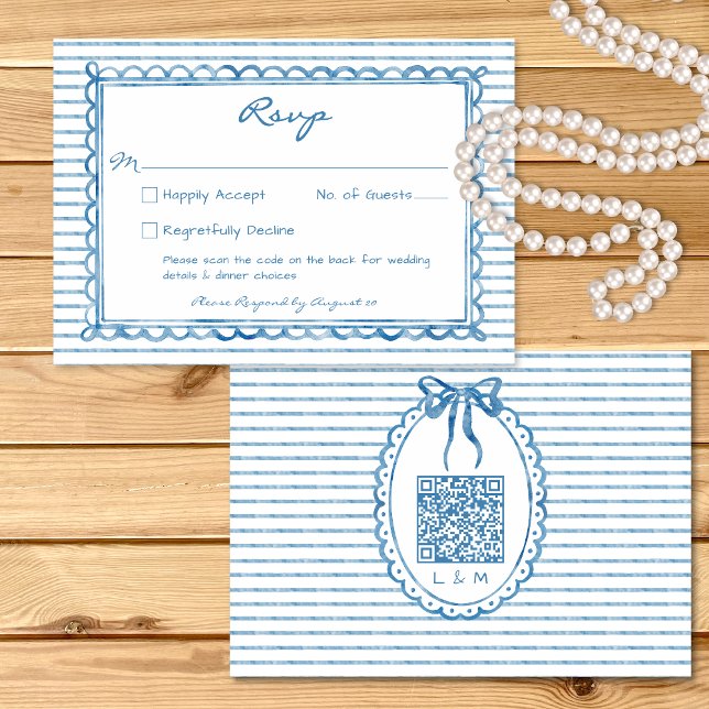 Cartão RSVP Whimsical Blue Watercolor Stripe Wedding QR (Whimsical Blue Watercolor Stripe Wedding QR RSVP Card)