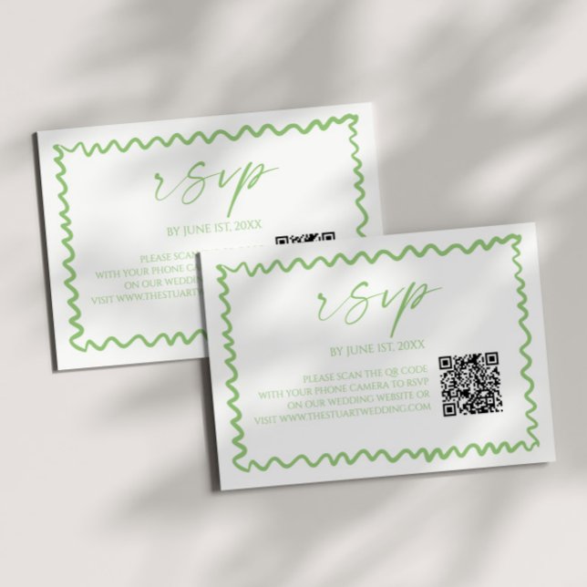 Cartão RSVP Whimsical Citrus Green Wavy Border QR Code Wedding (Criador carregado)