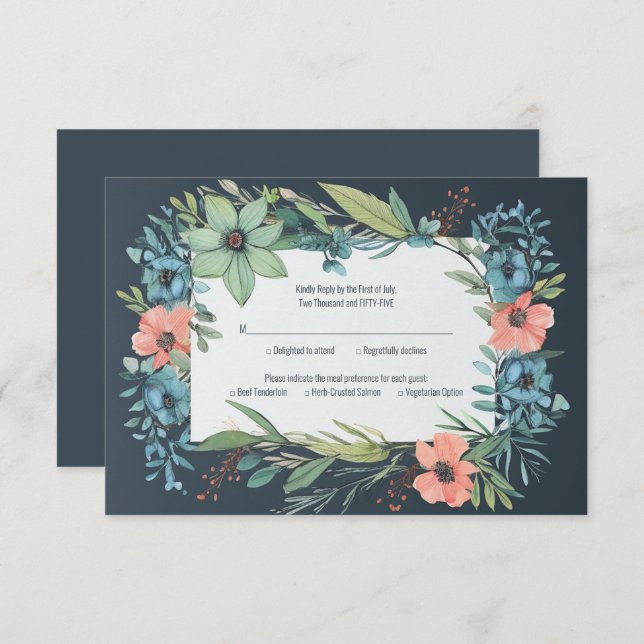 Cartão RSVP Whimsical Floral Salmon Blue Green Casamento (Frente/Verso)