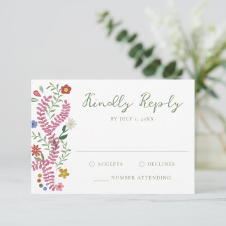 Cartão RSVP Whimsical Folk Art Floral Wedding