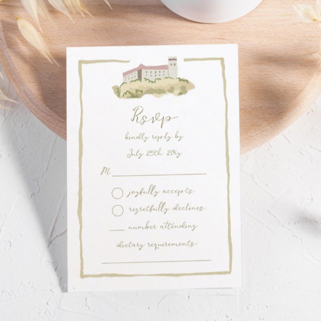 Cartão RSVP Whimsical Hand Drawn Europe Castelo de Ljubljana (Criador carregado)