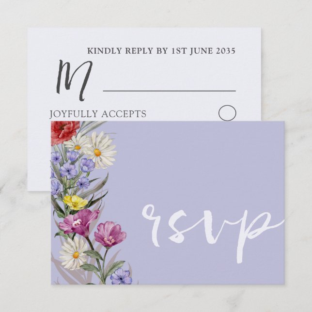 Cartão RSVP Whimsical Watercolor Wild Flower & Purple Weds (Frente/Verso)