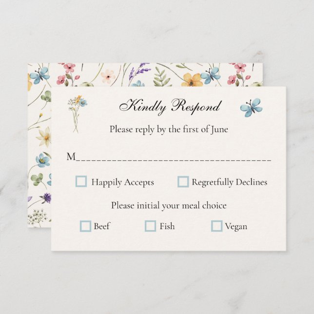 Cartão RSVP Whimsical Wildflowers Meadow Wedding  (Frente/Verso)