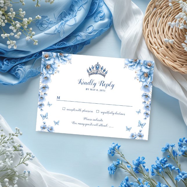 Cartão RSVP Whimsso Floral Dusty Blue Princess Quinceañera (Criador carregado)