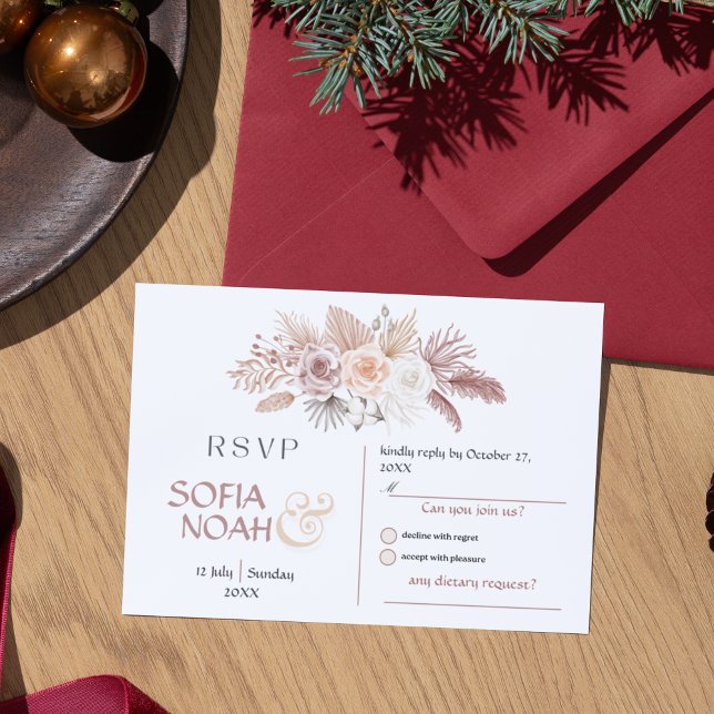 Cartão RSVP White & Beige Watercolor Floral Minimal Wedding  (White And Beige Watercolor Floral Simple Wedding Rsvp Card)