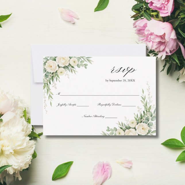 Cartão RSVP White Cream Watercolor Florals Roses Wedding  (White Cream Watercolor Florals Roses Wedding RSVP card)
