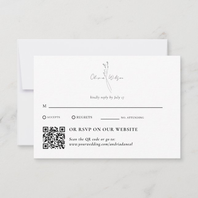 Cartão RSVP White Elegant Botanical Traditional & QR Code (Frente)