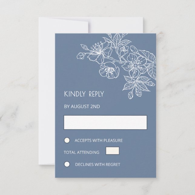 Cartão RSVP White Floral Line Art Dusty Blue Wedding (Frente)