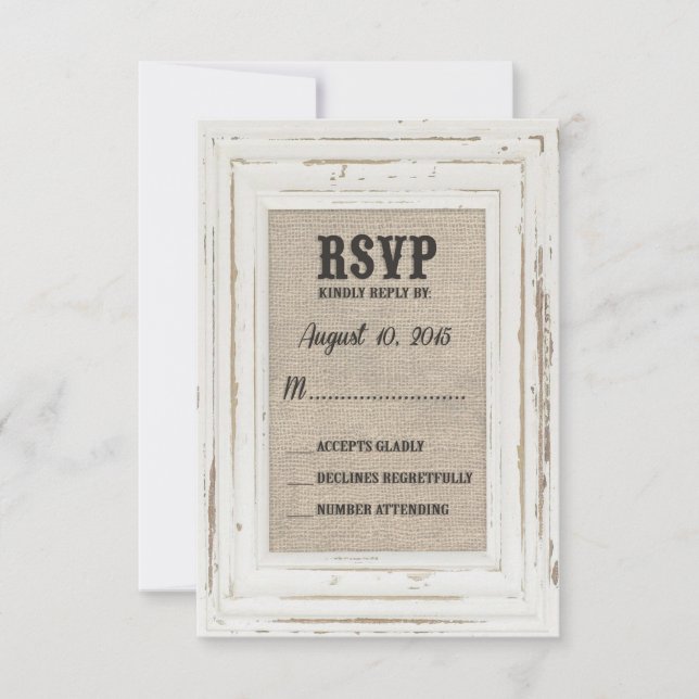 Cartão RSVP White Rustic Frame & Burlap Weding Kelly Custom (Frente)