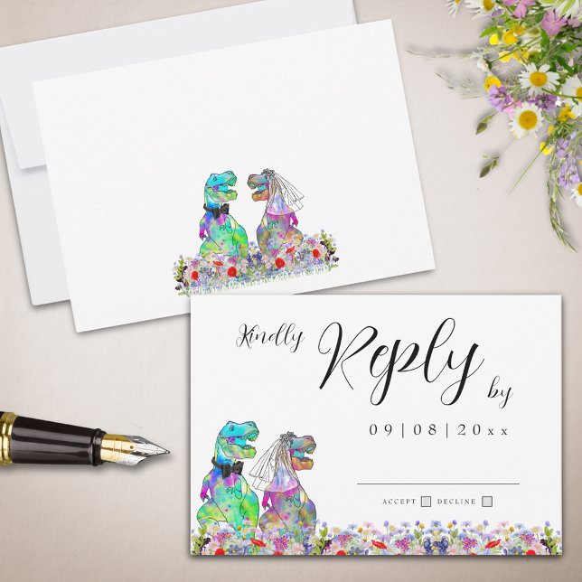 Cartão RSVP Wildflower Boho Dinosaur Weding Reply (Wildflower Dinosaur theme wedding invitation rsvp enclosure card)