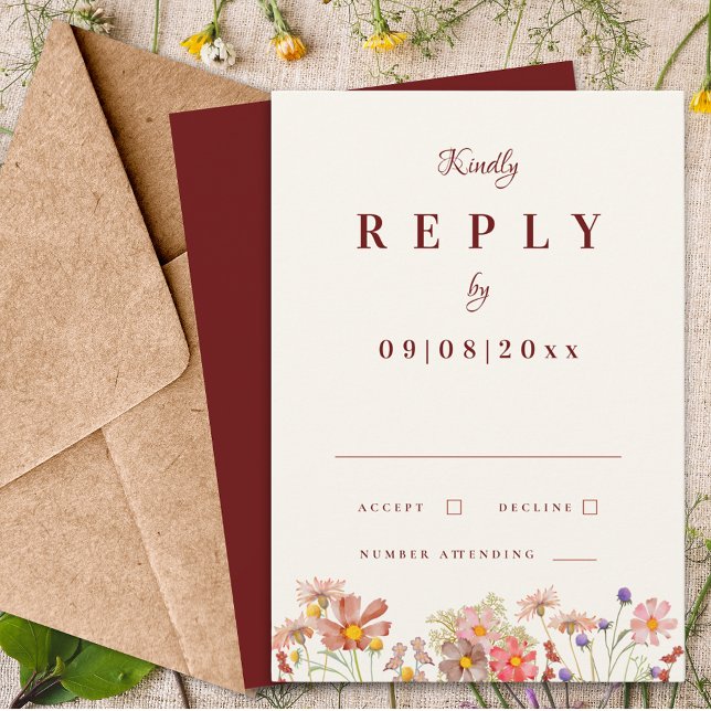 Cartão RSVP Wildflower Boho Terracotta Casamento outono Respos (Wildflower boho terracotta burgundy fall wedding invitation rsvp enclosure card with elegant script )