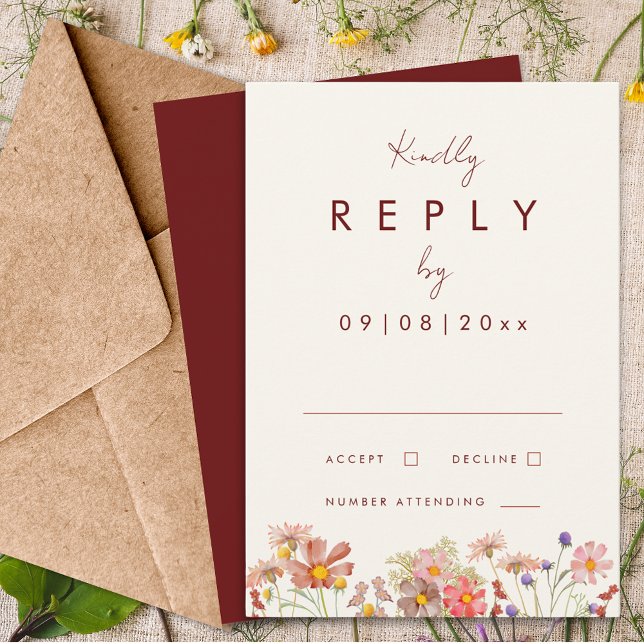 Cartão RSVP Wildflower Boho Terracotta Casamento outono Respos (Wildflower boho burgundy terracotta fall wedding reply enclosure card)