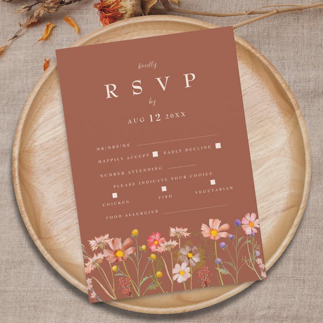 Cartão RSVP Wildflower Boho Terracotta Meal Option Wedding (Wildflower boho fall floral terracotta rust beige Wedding reception meal options RSVP enclosure card)
